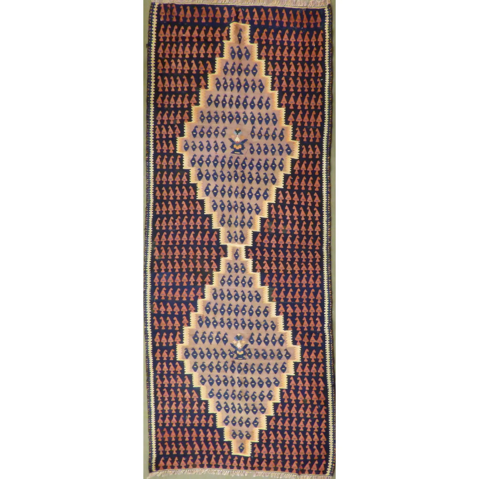 One Of The Kind Authentic Hand-Knotted Sanandaj Vintage Kilim 8'8" X 3'7"